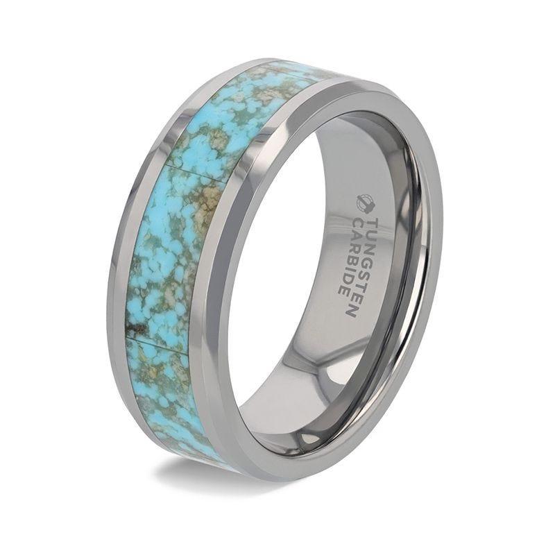 TURCHESE Light Turquoise Spider Web Inlay Tungsten Men's Wedding Band With Beveled Edges - 8mm