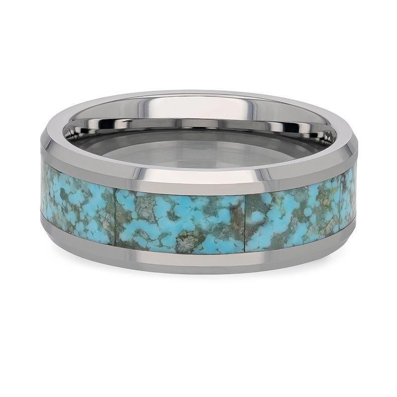 TURCHESE Light Turquoise Spider Web Inlay Tungsten Men's Wedding Band With Beveled Edges - 8mm