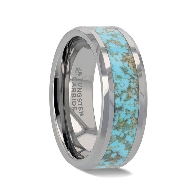 TURCHESE Light Turquoise Spider Web Inlay Tungsten Men's Wedding Band With Beveled Edges - 8mm