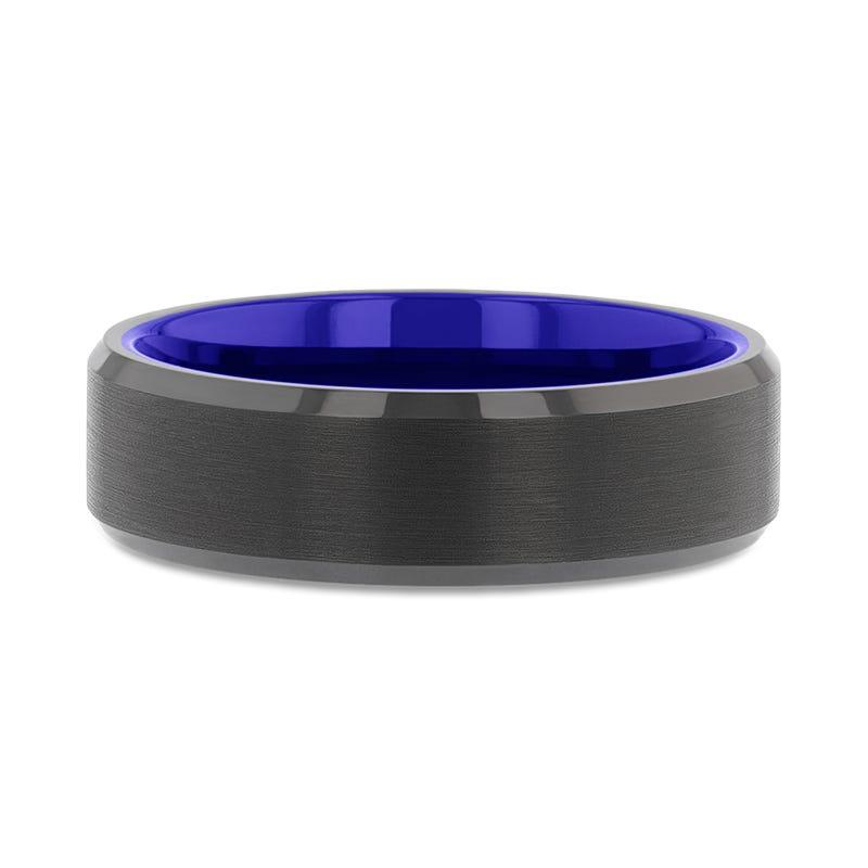 RIGEL Flat Beveled Edges Black Tungsten Ring with Brushed Center and Vibrant Blue Inside - 6mm & 8mm