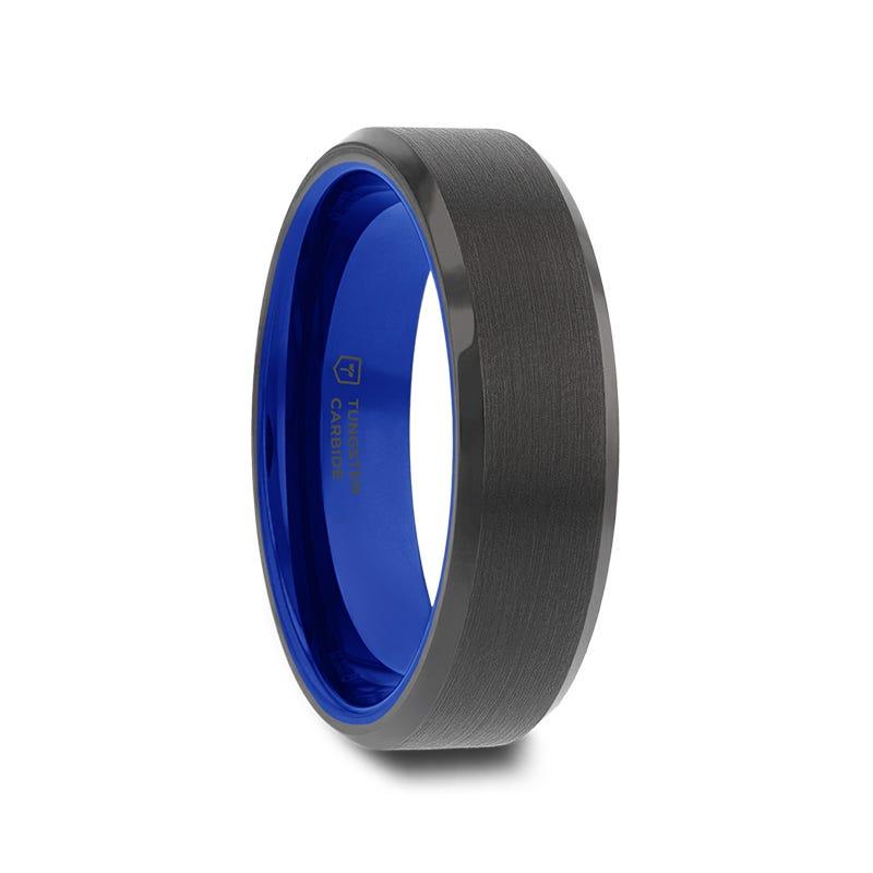 RIGEL Flat Beveled Edges Black Tungsten Ring with Brushed Center and Vibrant Blue Inside - 6mm & 8mm