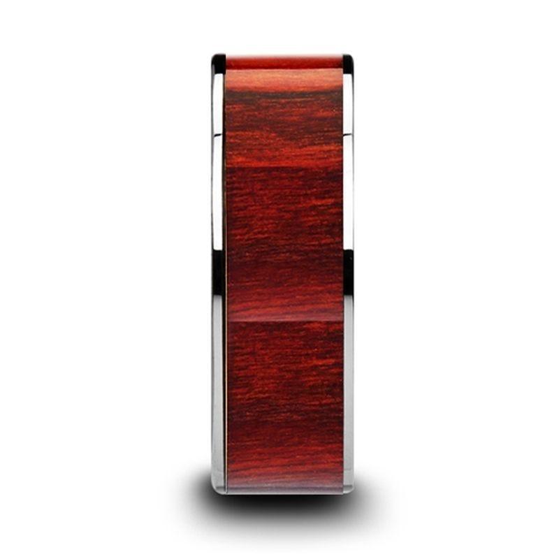 SHERWOOD Flat Tungsten Carbide Band with Exotic Brazilian Rose Wood Inlay and Polished Edges - 8mm