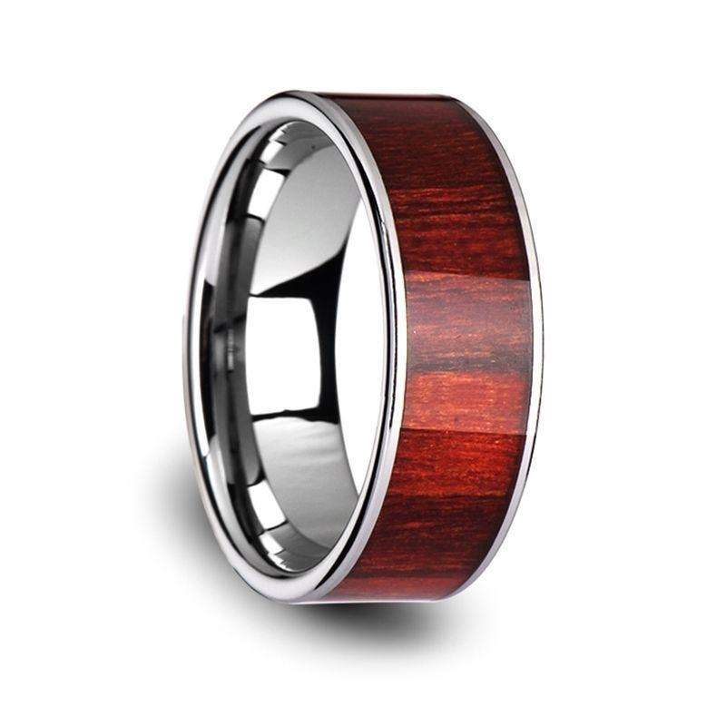 SHERWOOD Flat Tungsten Carbide Band with Exotic Brazilian Rose Wood Inlay and Polished Edges - 8mm