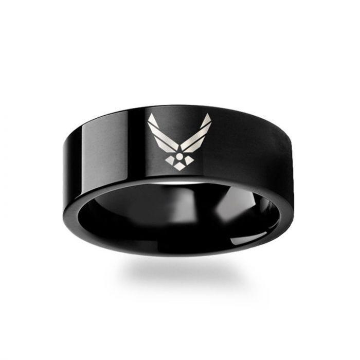 Military Symbol Logo Engraving Flat Polished Black Tungsten Ring - Army, Coast Guard, Navy, Marines, Air Force - 4mm - 12mm