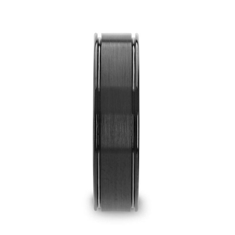 BLACKHEART Flat Brushed Finish Center Black Ceramic Wedding Band with Dual Offset Grooves and Polished Edges - 6mm or 8mm