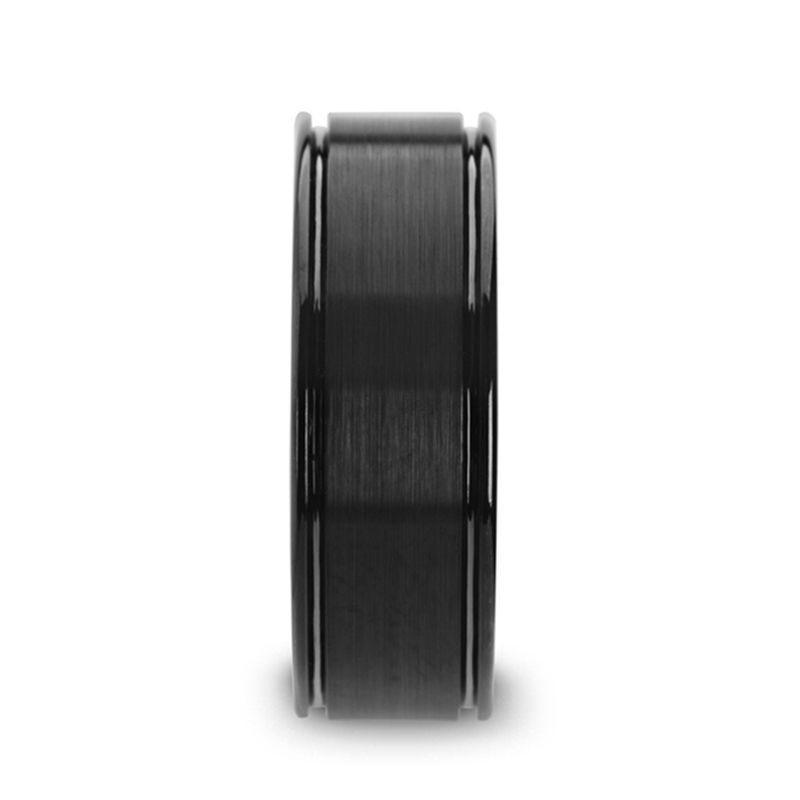 BLACKHEART Flat Brushed Finish Center Black Ceramic Wedding Band with Dual Offset Grooves and Polished Edges - 6mm or 8mm