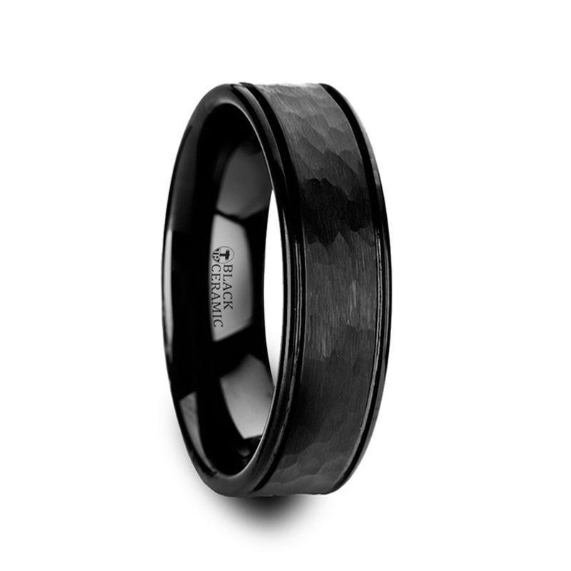 REVENANT Hammered Finish Center Black Ceramic Wedding Band with Dual Offset Grooves and Polished Edges - 6mm or 8mm