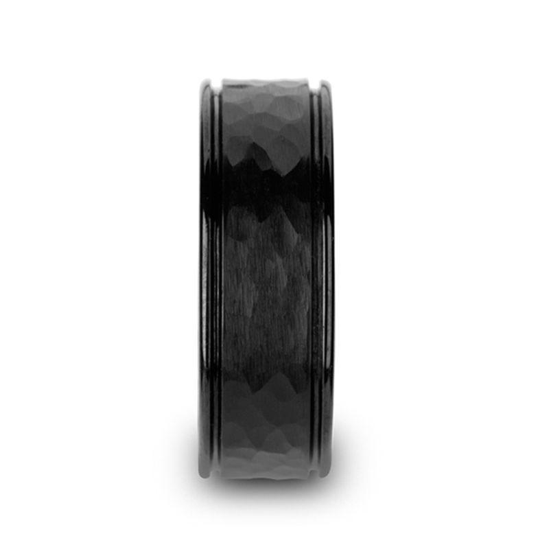 REVENANT Hammered Finish Center Black Ceramic Wedding Band with Dual Offset Grooves and Polished Edges - 6mm or 8mm