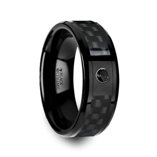 ABERDEEN Black Ceramic Ring with Black Diamond Wedding Band and Black Carbon Fiber Inlay - 8mm