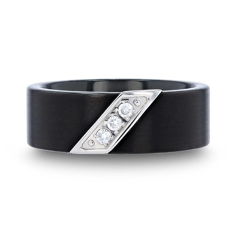 LIAM Flat Black Satin Finished Tungsten Carbide Wedding Band with Diagonal Diamonds Set in Stainless Steel - 8 mm