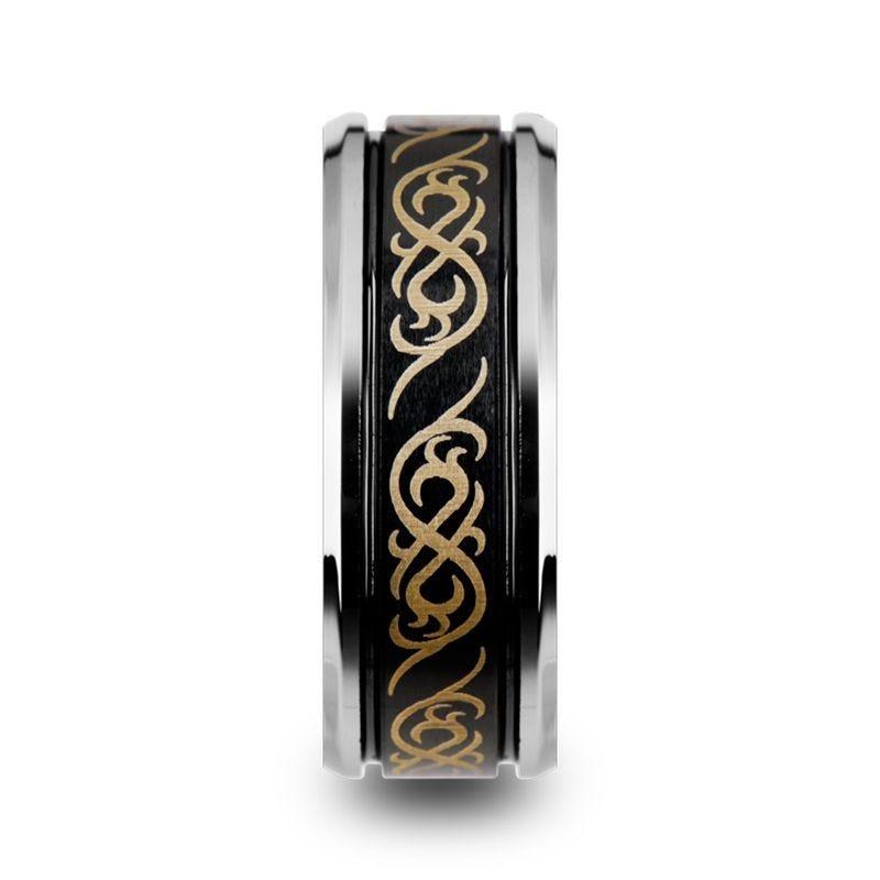 RAIZEN Tungsten Carbide Wedding Ring with Dual Offset Grooves and Laser Engraved Celtic Pattern Polished and Beveled Edges - 8mm