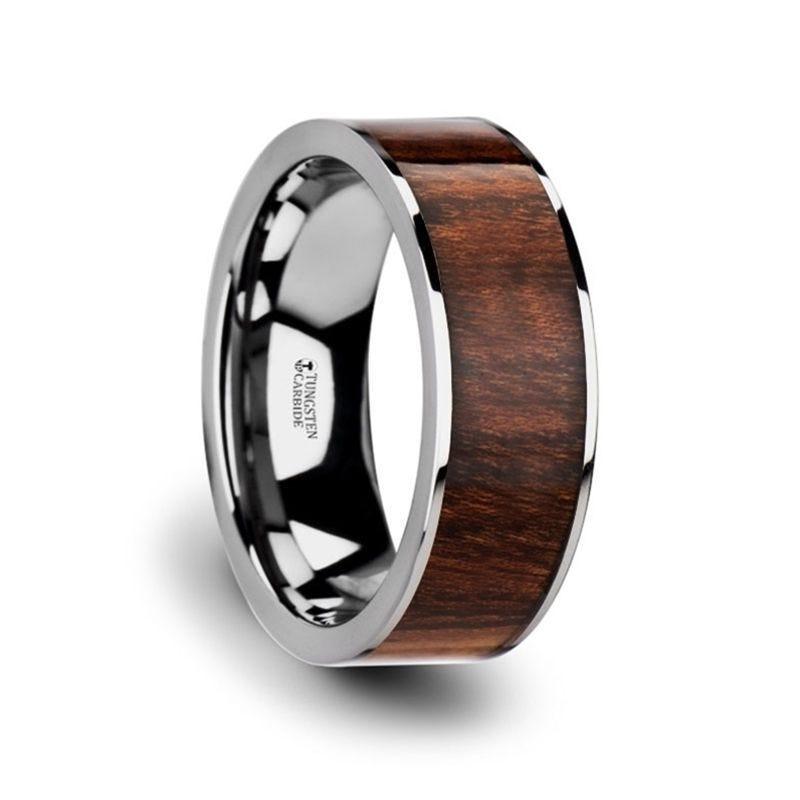 THRACO Flat Carpathian Wood Inlaid Tungsten Carbide Ring with Polished Edges - 8mm