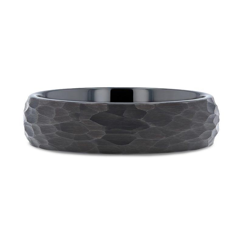 RENEGADE Domed Hammer Finish Black Tungsten Carbide Wedding Band with Brushed Finish - 6mm or 8mm