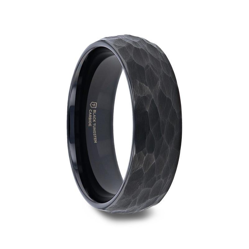 RENEGADE Domed Hammer Finish Black Tungsten Carbide Wedding Band with Brushed Finish - 6mm or 8mm