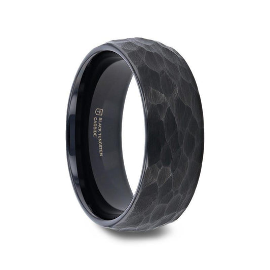 RENEGADE Domed Hammer Finish Black Tungsten Carbide Wedding Band with Brushed Finish - 6mm or 8mm