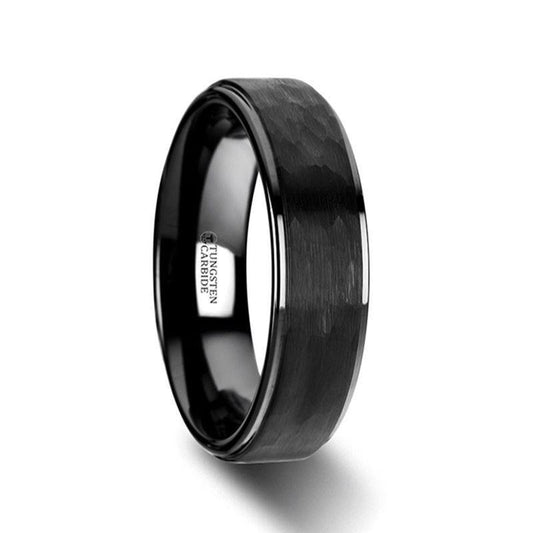 REBEL Raised Hammer Finish Step Edge Black Tungsten Carbide Wedding Band with Brushed Finish - 6mm or 8mm