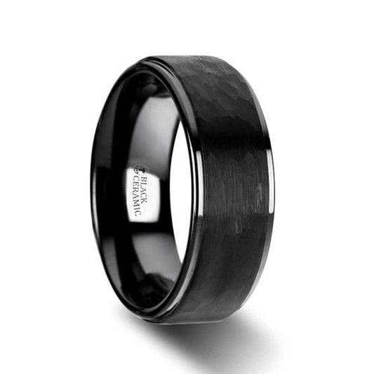 WARRIOR Raised Hammer Finish Step Edge Black Ceramic Wedding Band with Brushed Finish - 6mm or 8mm