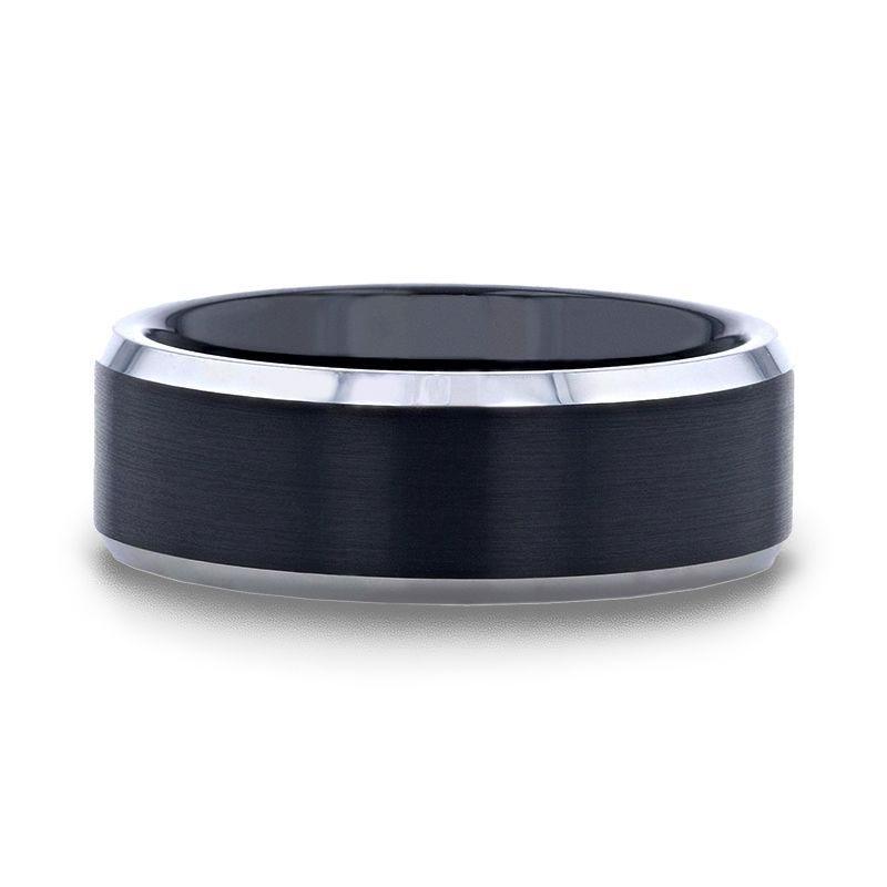 ASTON Black Brushed Center Tungsten Ring with Polished Beveled Edges - 4mm - 10mm