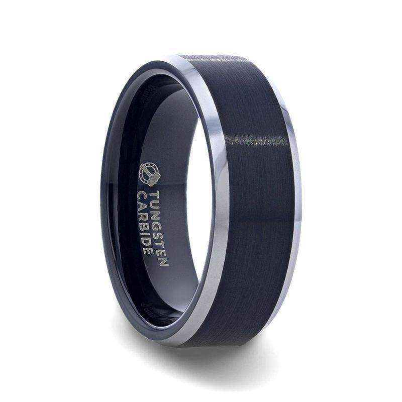 ASTON Black Brushed Center Tungsten Ring with Polished Beveled Edges - 4mm - 10mm