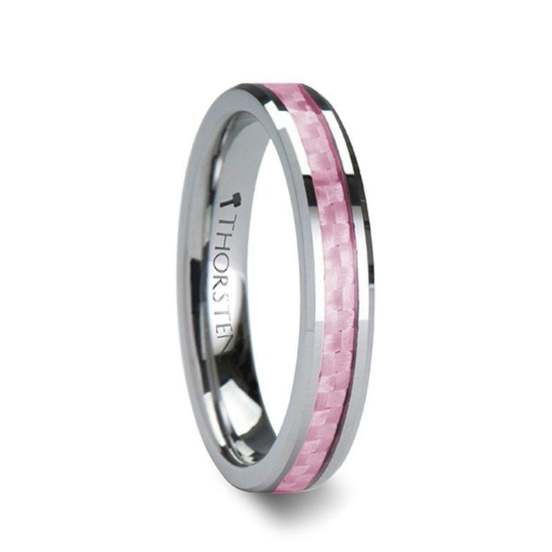 PINK Beveled Tungsten Wedding Band with Pink Carbon Fiber -4mm & 6mm