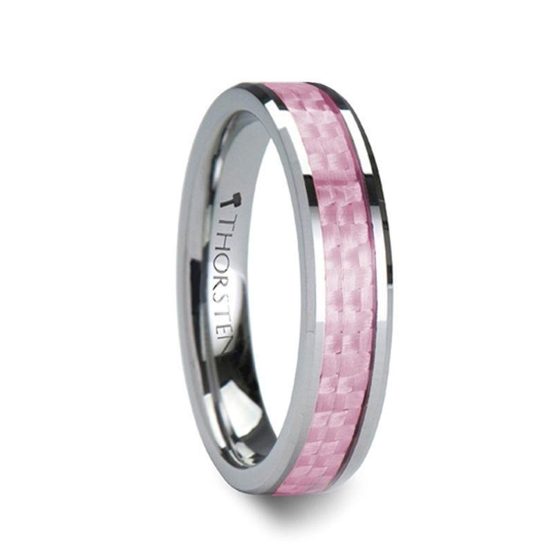 PINK Beveled Tungsten Wedding Band with Pink Carbon Fiber -4mm & 6mm