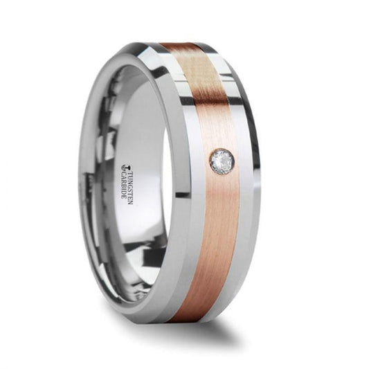 ENZO Rose Gold Inlaid Beveled Tungsten Ring with Diamond - 8mm