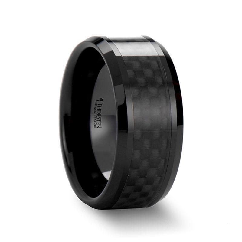 ONYX Black Carbon Fiber Inlaid Black Ceramic Wedding Band - 4mm - 12mm