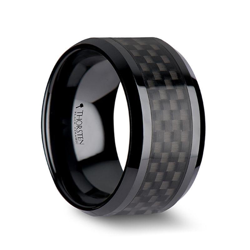 ONYX Black Carbon Fiber Inlaid Black Ceramic Wedding Band - 4mm - 12mm