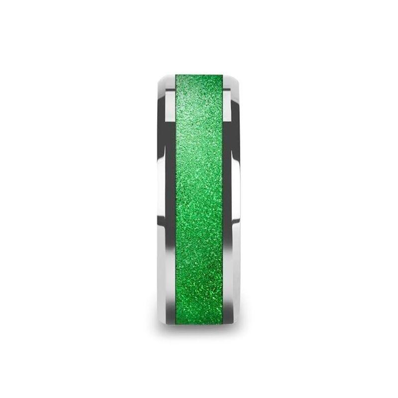 LAWRENCE Tungsten Carbide Bevel Edged Men’s Ring with Sparkling Green Inlay - 8mm