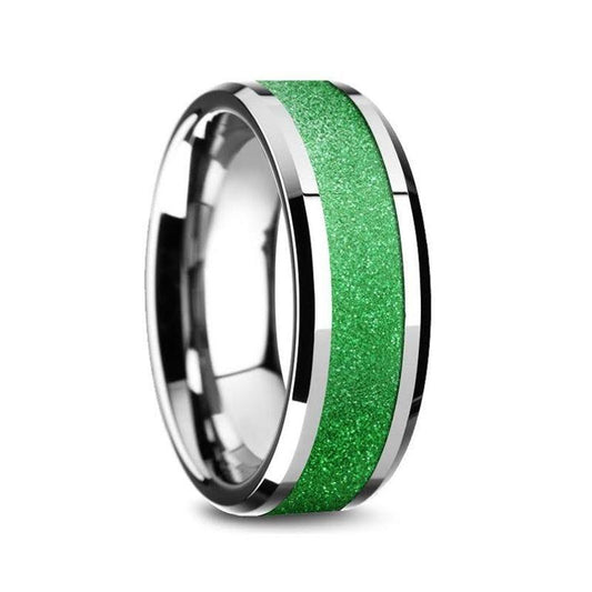 LAWRENCE Tungsten Carbide Bevel Edged Men’s Ring with Sparkling Green Inlay - 8mm