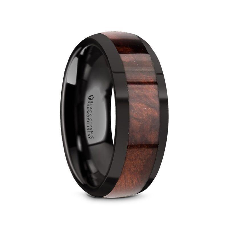 CLARET Black Ceramic Polished Edges Men’s Domed Wedding Band with Redwood Inlay - 8mm