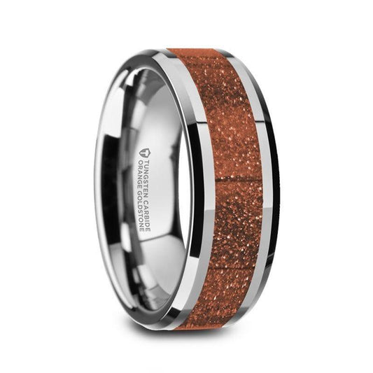 BODHI Men’s Polished Finish Beveled Edges Tungsten Wedding Band with Orange Goldstone Inlay - 8mm