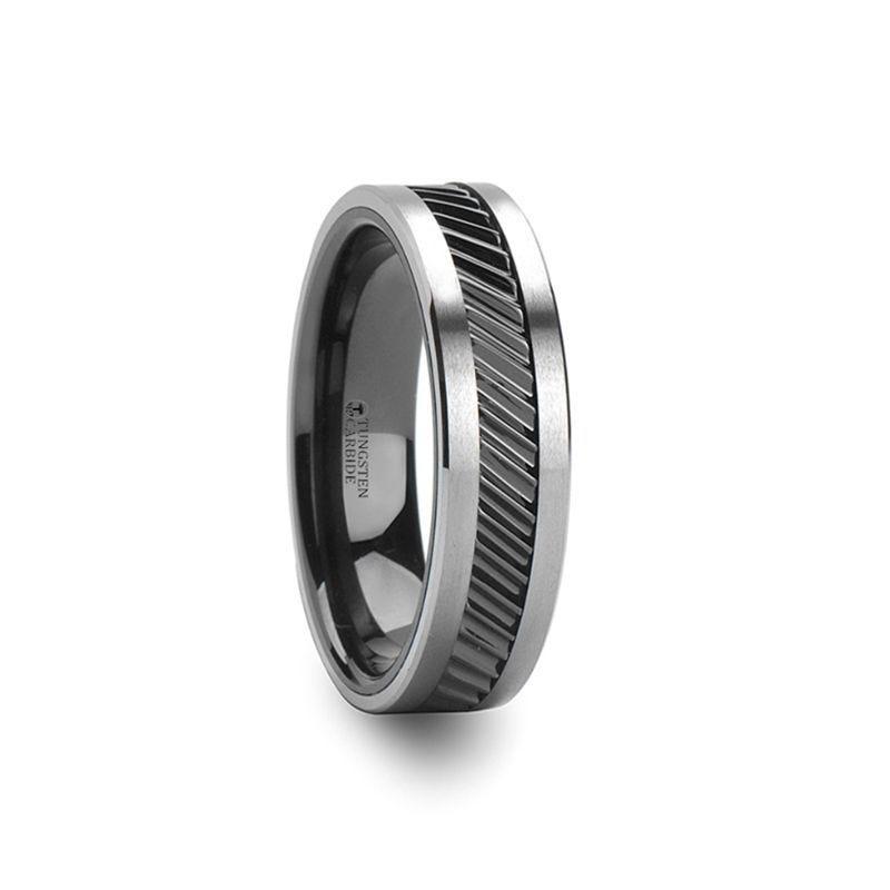 HELIX Gear Teeth Pattern Black Ceramic and Tungsten Ring - 6mm, 8mm, 10mm