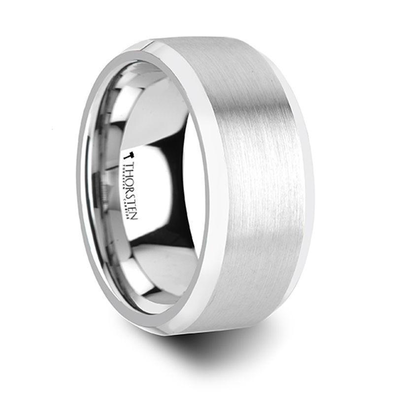 PETERSBURG Brushed Center White Tungsten Ring with Beveled Edges - 4mm - 10mm