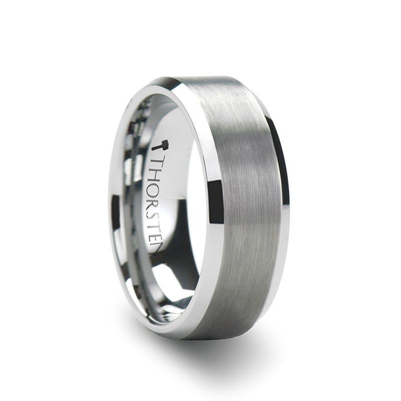 PETERSBURG Brushed Center White Tungsten Ring with Beveled Edges - 4mm - 10mm