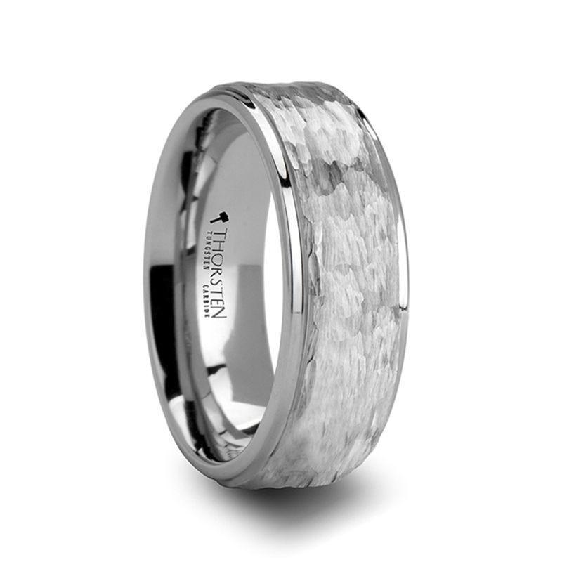 WINNIE Womens White Tungsten Ring with Raised Hammered Finish Center and Polished Step Edges - 4mm