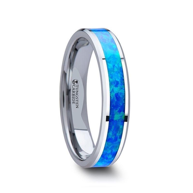 QUASAR Tungsten Wedding Band with Blue Green Opal Inlay - 4mm - 10mm