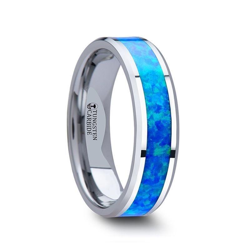 QUASAR Tungsten Wedding Band with Blue Green Opal Inlay - 4mm - 10mm