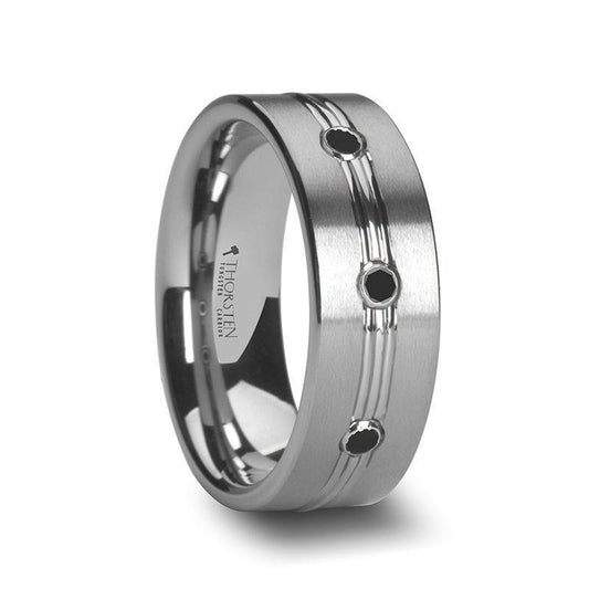 ROYALE Satin Finished Tungsten Ring with Polished Grooved Center and Triple Black Diamonds - 8mm
