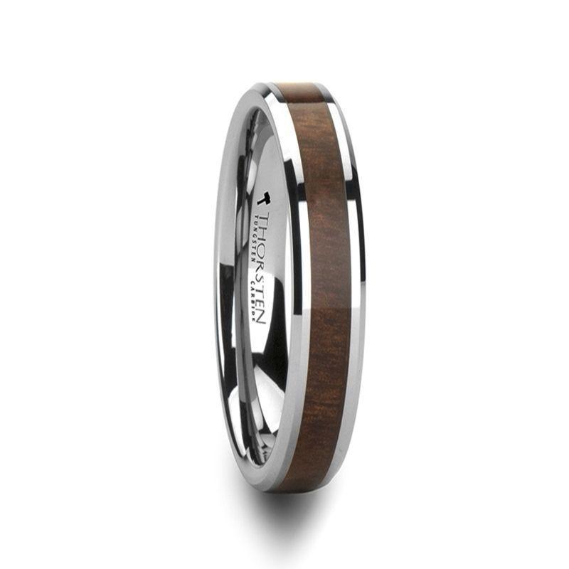 HALIFAX Tungsten Wedding Band with Bevels and Black Walnut Wood Inlay - 4mm - 12mm