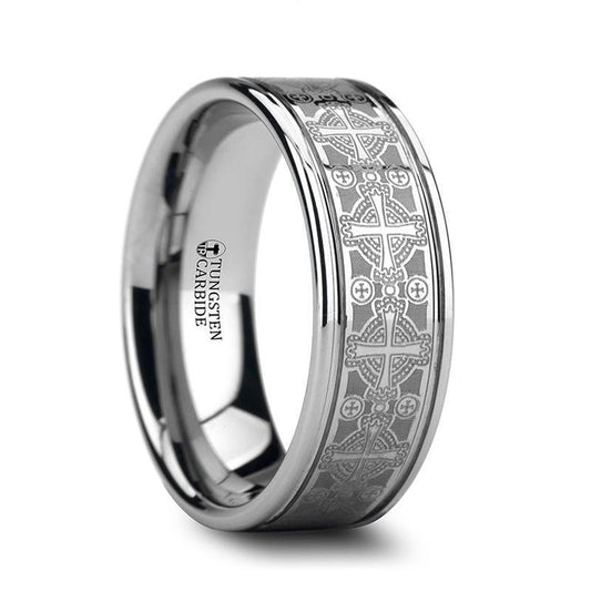 DEACON Flat Tungsten Ring Laser Engraved Celtic Crosses - 8mm