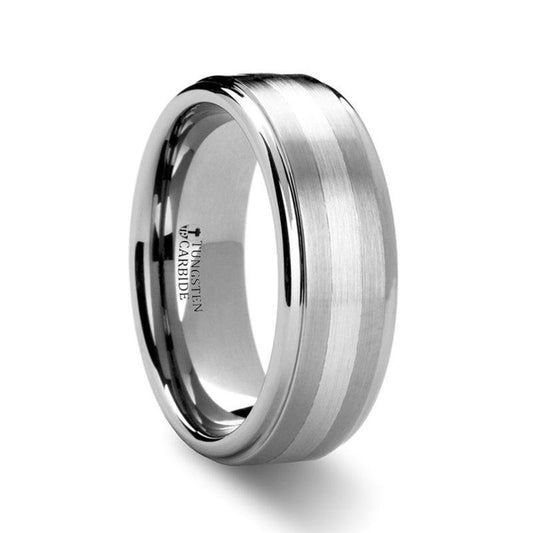 IMPERIAL Raised Brushed Finish Tungsten Carbide Ring with Platinum Inlay- 8 mm