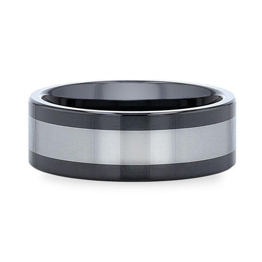 HUSKEY Ceramic ring with Tungsten Inlay Wedding Band With Flat Polished Edges - 8mm