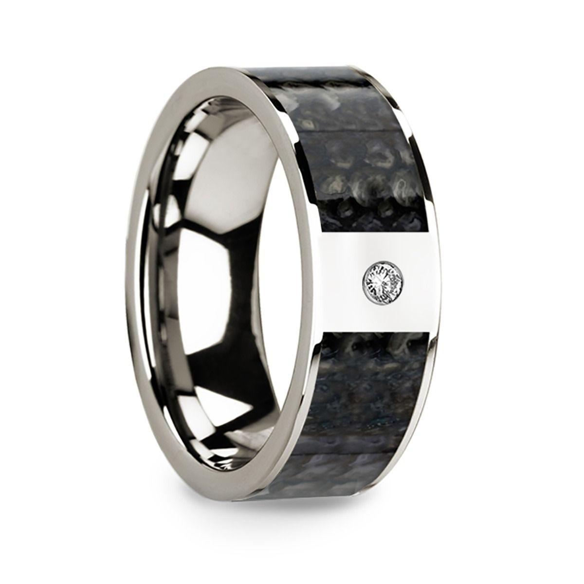 Flat 14k White Gold with Blue Dinosaur Bone Inlay & White Diamond Setting - 8mm