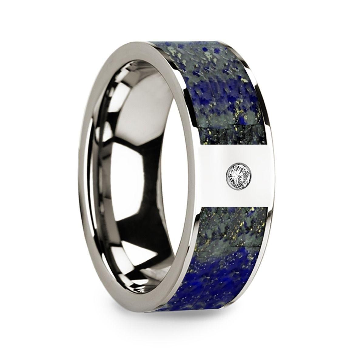 Flat 14k White Gold with Blue Lapis Lazuli Inlay & White Diamond Setting - 8mm