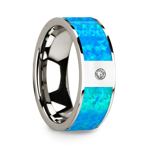 Flat 14k White Gold with Blue Opal Inlay & White Diamond Setting - 8mm