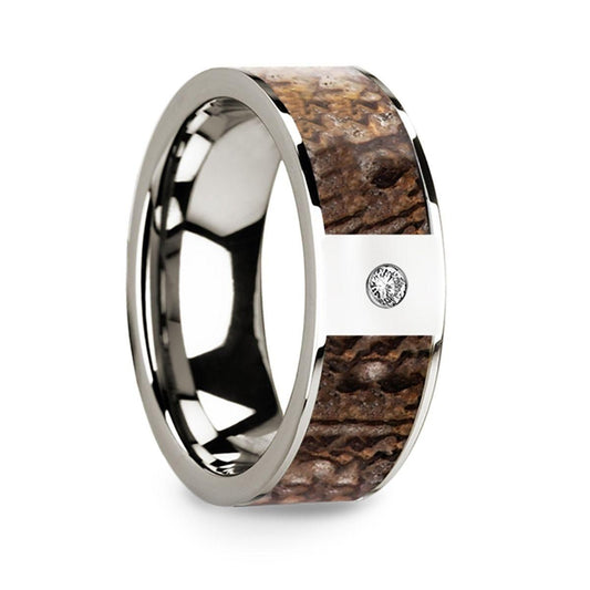 Flat 14k White Gold with Brown Dinosaur Inlay & White Diamond Setting - 8mm