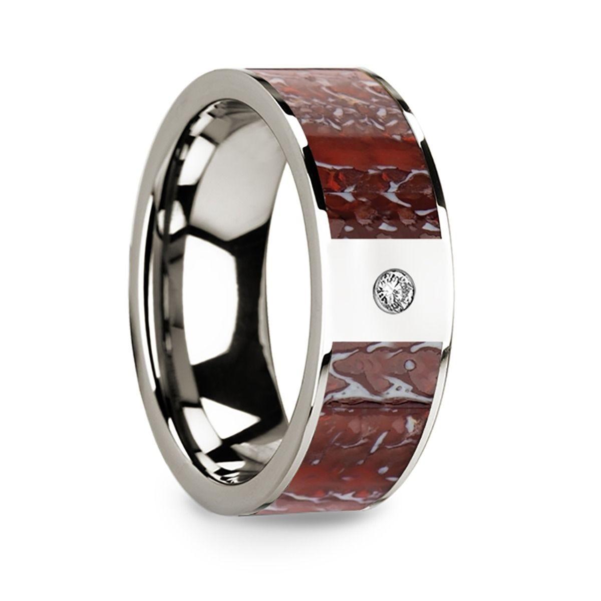 Flat 14k White Gold with Red Dinosaur Bone Inlay & White Diamond Setting - 8mm