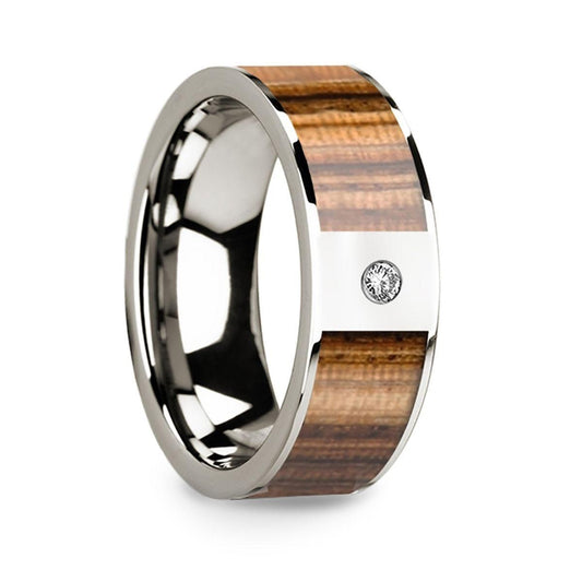 Flat 14k White Gold with Zebra Wood Inlay & White Diamond Setting - 8mm