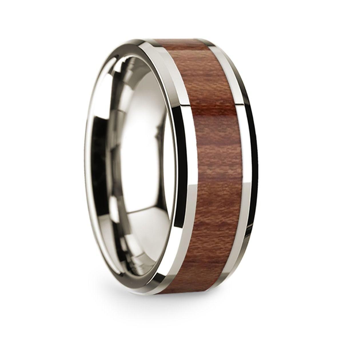 14k White Gold Polished Beveled Edges Wedding Ring with Rosewood Inlay - 8 mm